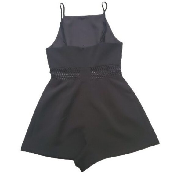 Keepsake Women's High Neck Eyelet Lace Cut-Out Waist Black Short Romper Size XS - Picture 3 of 16